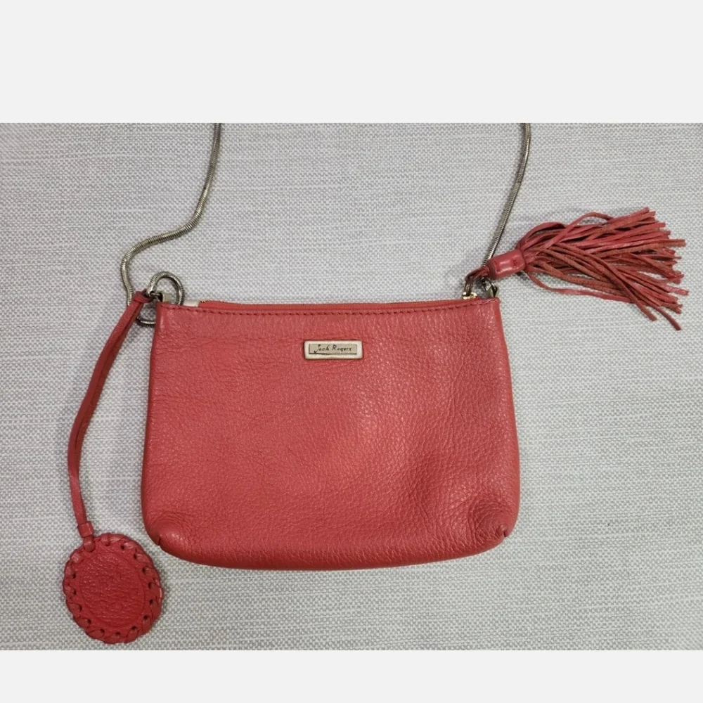 Jack Rogers Leather Small Crossbody Bag Tassel Metal Strap Deep Salmon Color
